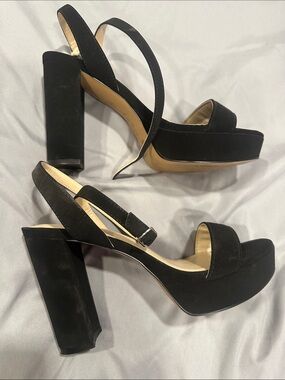 Size 7 Black Platform Slingback Heels stacked faux suede pinup vintage